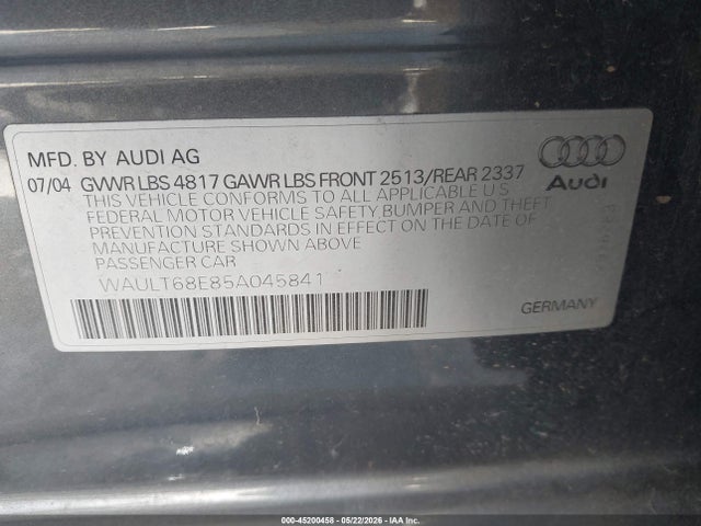 2005 Audi A4 3.0 მანქანა იყიდება აუქციონზე, vin: WAULT68E85A045841, აუქციონის ნომერი: 45200458