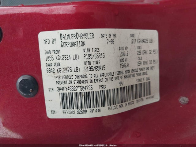 Продаж на аукціоні авто 2007 Chrysler Pt Cruiser, vin: 3A4FY48B27T504735, номер лоту: 45200465