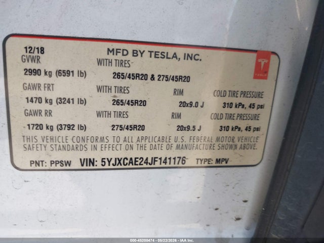 5YJXCAE24JF141176 Tesla Model X 100d/75d/p100d