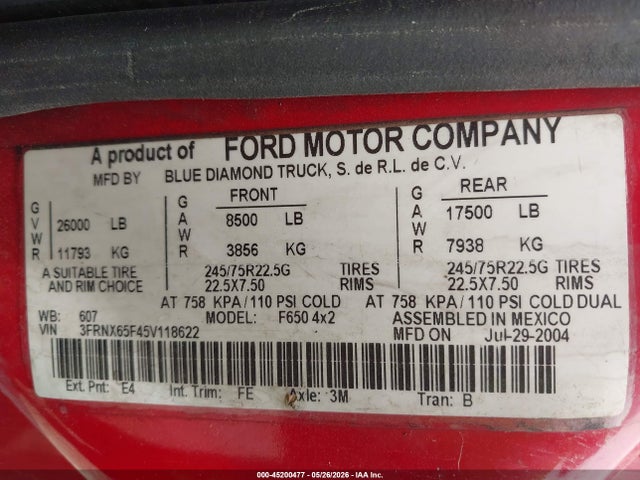 45200477 :رقم المزاد ، 3FRNX65F45V118622 vin ، 2005 Ford F-650 Xl/xlt مزاد بيع