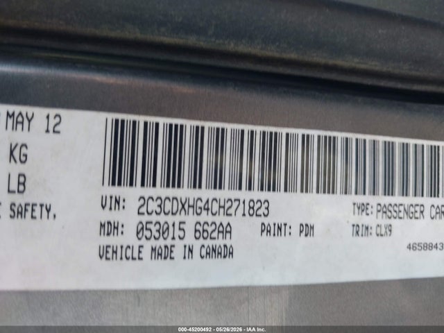 45200492 :رقم المزاد ، 2C3CDXHG4CH271823 vin ، 2012 Dodge Charger Sxt مزاد بيع