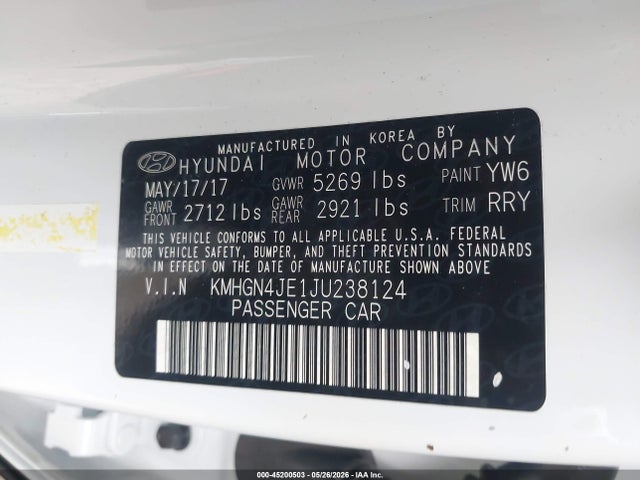 Aukcja sprzedaży 2018 Genesis G80 3.8, vin: KMHGN4JE1JU238124, numer aukcji: 45200503