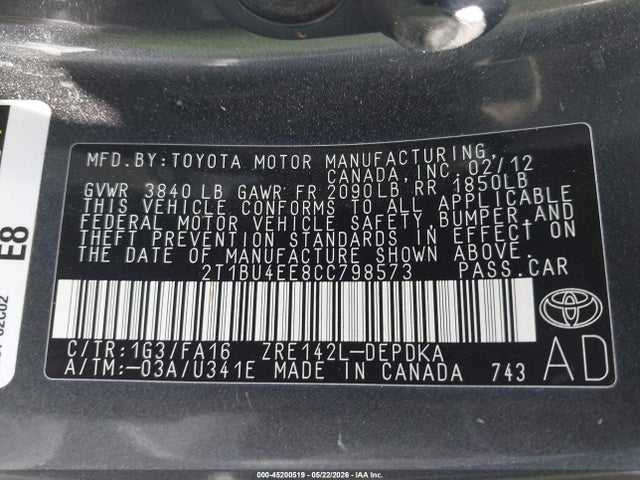 Aukcja sprzedaży 2012 Toyota Corolla L, vin: 2T1BU4EE8CC798573, numer aukcji: 45200519