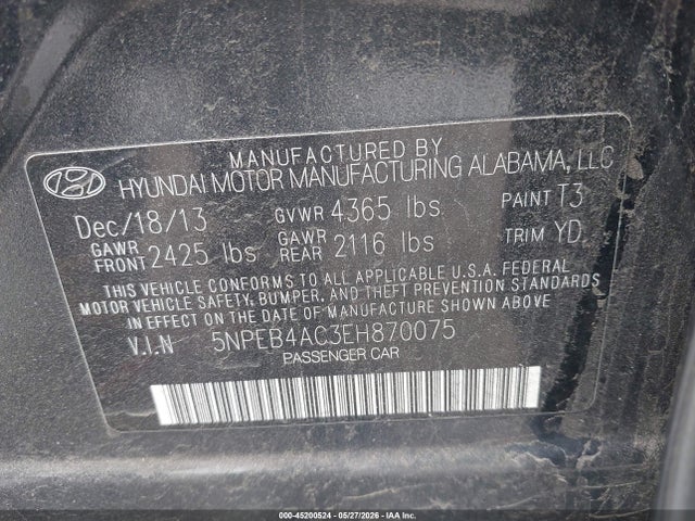 2014 Hyundai Sonata Gls მანქანა იყიდება აუქციონზე, vin: 5NPEB4AC3EH870075, აუქციონის ნომერი: 45200524