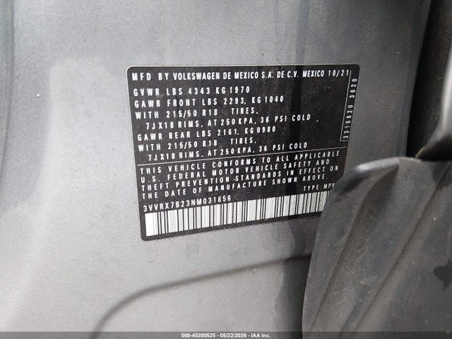 2022 Volkswagen Taos 1.5t Se მანქანა იყიდება აუქციონზე, vin: 3VVRX7B23NM031856, აუქციონის ნომერი: 45200525