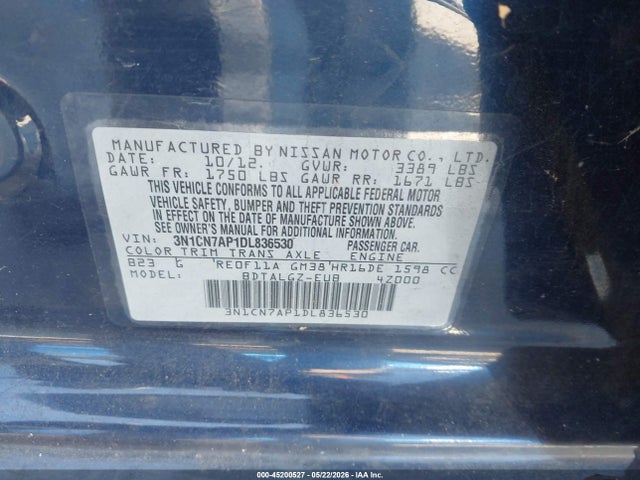 Aukcja sprzedaży 2013 Nissan Versa 1.6 Sl, vin: 3N1CN7AP1DL836530, numer aukcji: 45200527