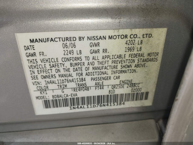 2006 Nissan Altima 2.5 S მანქანა იყიდება აუქციონზე, vin: 1N4AL11D76N415384, აუქციონის ნომერი: 45200533