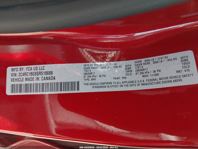 Aukcja sprzedaży 2025 Chrysler Pacifica Select, vin: 2C4RC1BG8SR518686, numer aukcji: 45200536