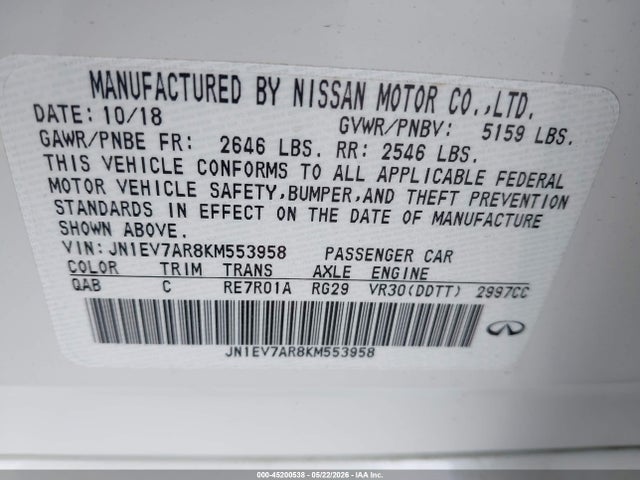 Продажа на аукционе авто 2019 Infiniti Q50 3.0t Luxe, vin: JN1EV7AR8KM553958, номер лота: 45200538