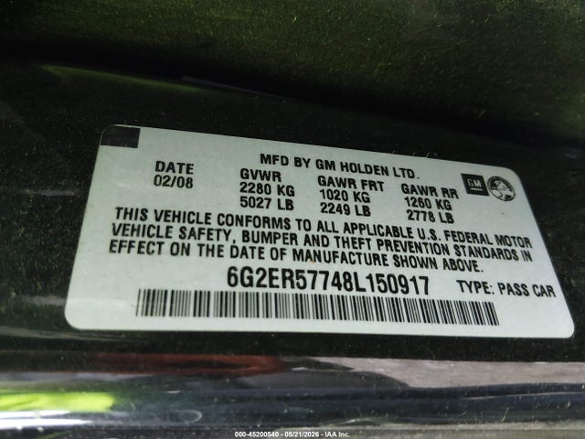 45200540 :رقم المزاد ، 6G2ER57748L150917 vin ، 2008 Pontiac G8 مزاد بيع