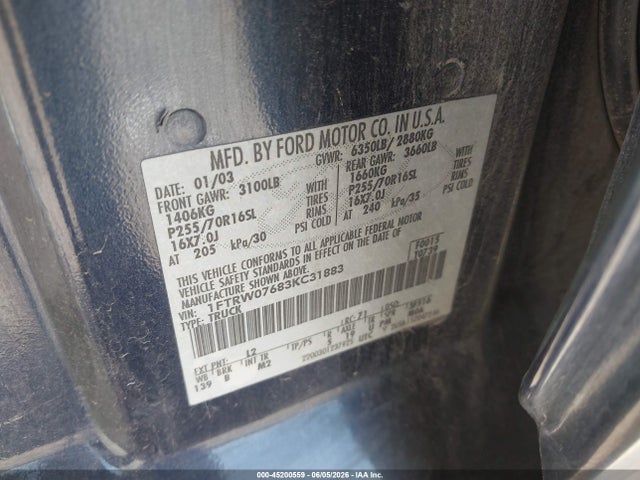 Aukcja sprzedaży 2003 Ford F-150 Lariat/xlt, vin: 1FTRW07683KC31883, numer aukcji: 45200559