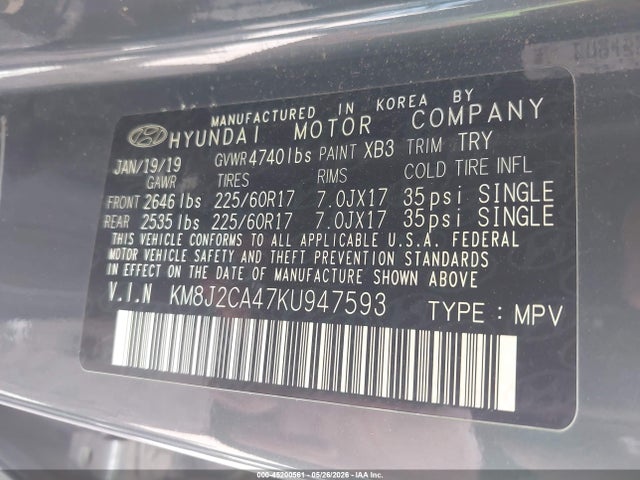 2019 Hyundai Tucson Se მანქანა იყიდება აუქციონზე, vin: KM8J2CA47KU947593, აუქციონის ნომერი: 45200561