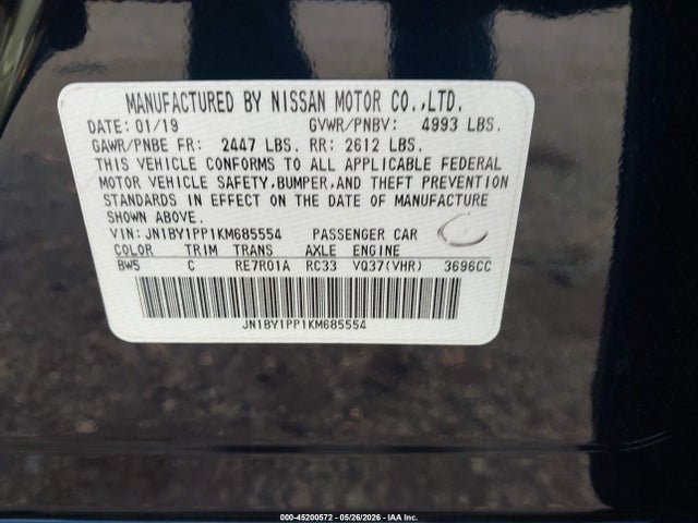 Продаж на аукціоні авто 2019 Infiniti Q70l 3.7 Luxe, vin: JN1BY1PP1KM685554, номер лоту: 45200572