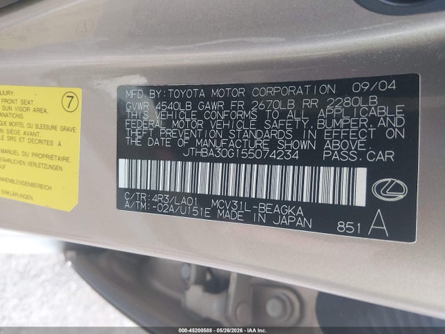 45200588 :رقم المزاد ، JTHBA30G155074234 vin ، 2005 Lexus Es 330 مزاد بيع