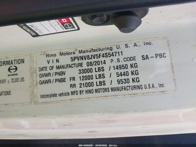 Auction sale of the 2015 Hino Hino 338, vin: 5PVNV8JV5F4S54711, lot number: 45200591