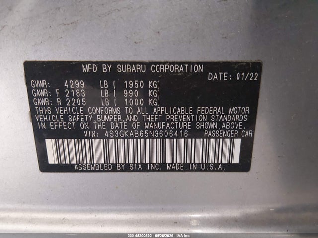 45200592 :رقم المزاد ، 4S3GKAB65N3606416 vin ، 2022 Subaru Impreza Base مزاد بيع