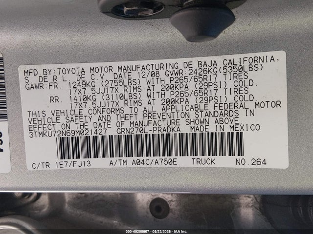 2009 Toyota Tacoma Prerunner V6 მანქანა იყიდება აუქციონზე, vin: 3TMKU72N69M021427, აუქციონის ნომერი: 45200607