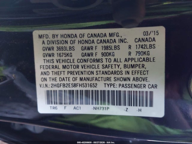 Продажа на аукционе авто 2015 Honda Civic Lx, vin: 2HGFB2E58FH531652, номер лота: 45200609