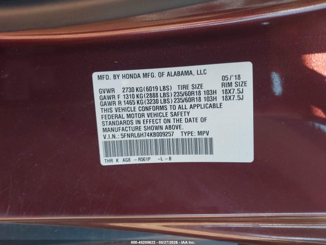 Продажа на аукционе авто 2019 Honda Odyssey Ex-l, vin: 5FNRL6H74KB009257, номер лота: 45200622