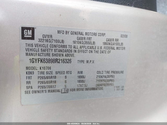 Продаж на аукціоні авто 2008 Cadillac Escalade Standard, vin: 1GYFK63898R216326, номер лоту: 45200624