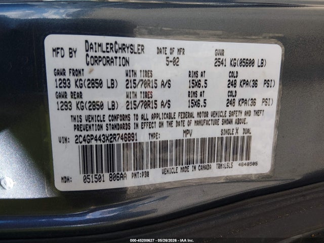 Aukcja sprzedaży 2002 Chrysler Town & Country Lx, vin: 2C4GP443X2R746891, numer aukcji: 45200627