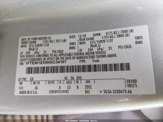 1FTEW1E55KKC34107 Ford F-150 Xl