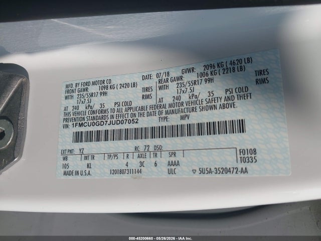 Продаж на аукціоні авто 2018 Ford Escape Se, vin: 1FMCU0GD7JUD07052, номер лоту: 45200660
