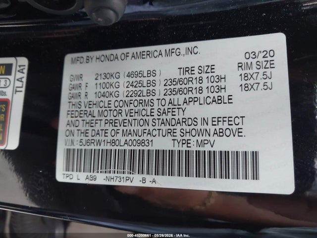 5J6RW1H80LA009831 Honda Cr-v 2wd Ex-l