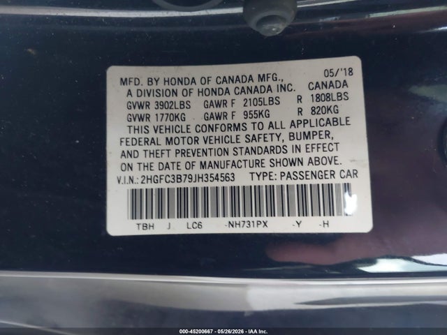 Продажа на аукционе авто 2018 Honda Civic Ex-l, vin: 2HGFC3B79JH354563, номер лота: 45200667