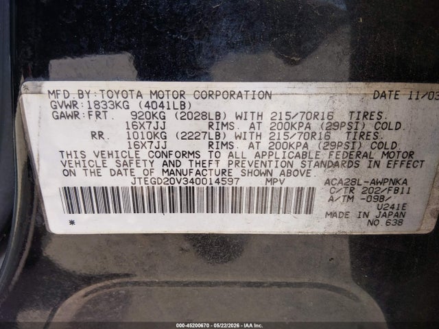 Aukcja sprzedaży 2004 Toyota Rav4, vin: JTEGD20V340014597, numer aukcji: 45200670