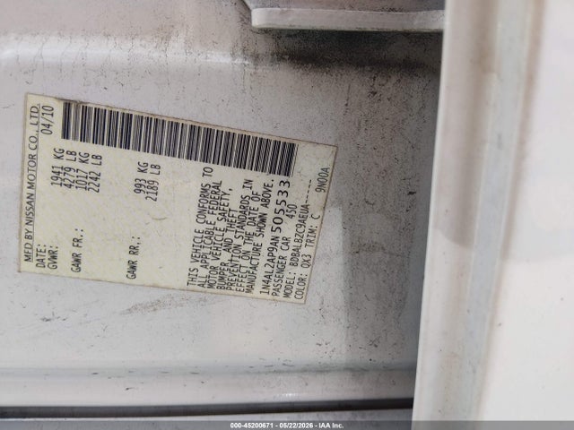 2010 Nissan Altima 2.5 S მანქანა იყიდება აუქციონზე, vin: 1N4AL2AP9AN505533, აუქციონის ნომერი: 45200671
