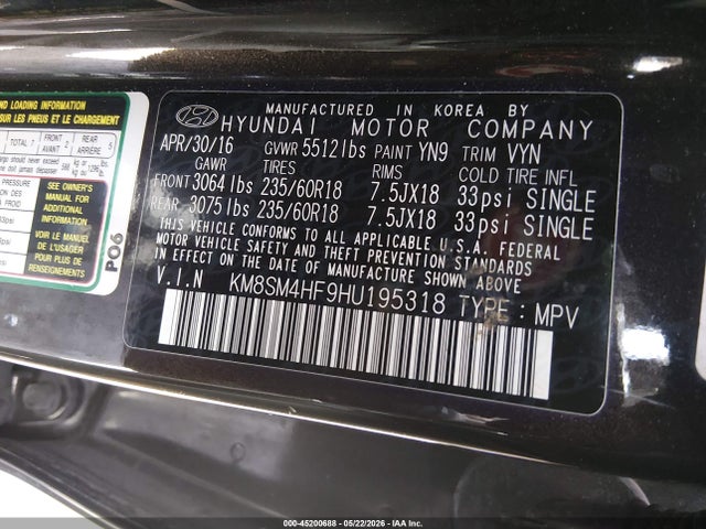 2017 Hyundai Santa Fe Se მანქანა იყიდება აუქციონზე, vin: KM8SM4HF9HU195318, აუქციონის ნომერი: 45200688