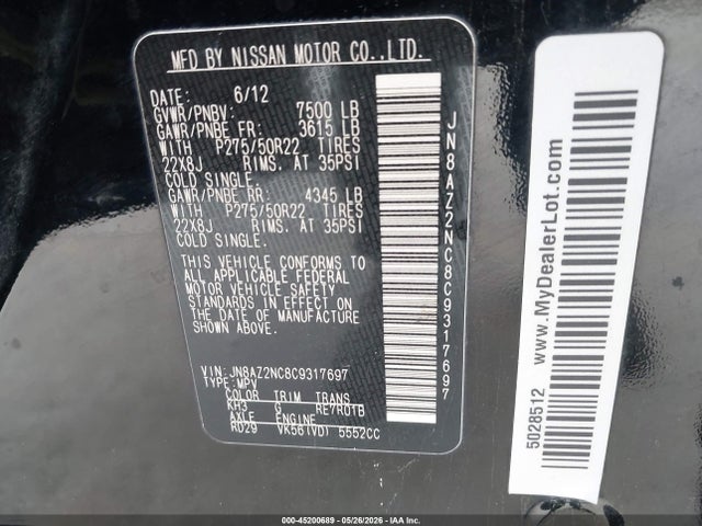 Продажа на аукционе авто 2012 Infiniti Qx56, vin: JN8AZ2NC8C9317697, номер лота: 45200689