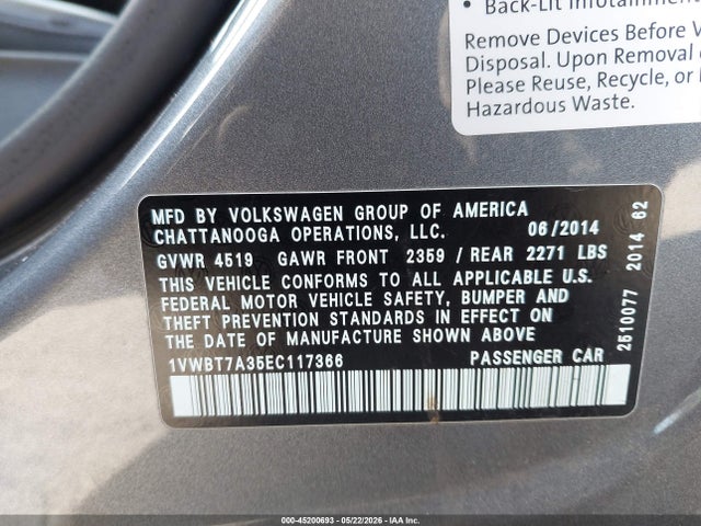 2014 Volkswagen Passat 1.8t Se მანქანა იყიდება აუქციონზე, vin: 1VWBT7A35EC117366, აუქციონის ნომერი: 45200693