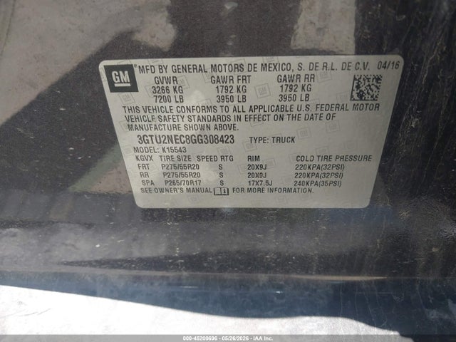 Aukcja sprzedaży 2016 Gmc Sierra 1500 Slt, vin: 3GTU2NEC8GG308423, numer aukcji: 45200696