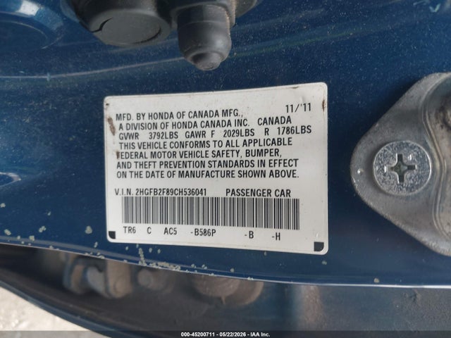 2012 Honda Civic Ex მანქანა იყიდება აუქციონზე, vin: 2HGFB2F89CH536041, აუქციონის ნომერი: 45200711