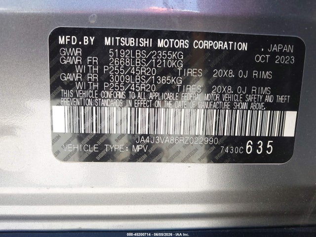 2024 Mitsubishi Outlander Se 2.5 2wd მანქანა იყიდება აუქციონზე, vin: JA4J3VA86RZ022990, აუქციონის ნომერი: 45200714