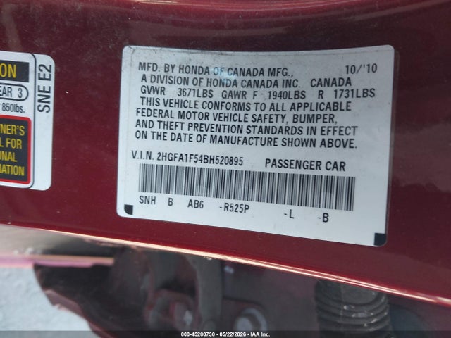 45200730 :رقم المزاد ، 2HGFA1F54BH520895 vin ، 2011 Honda Civic Lx مزاد بيع