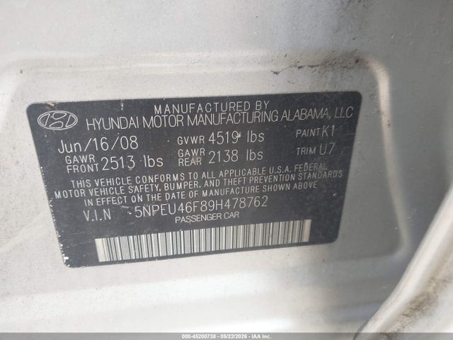 Aukcja sprzedaży 2009 Hyundai Sonata Se V6, vin: 5NPEU46F89H478762, numer aukcji: 45200738