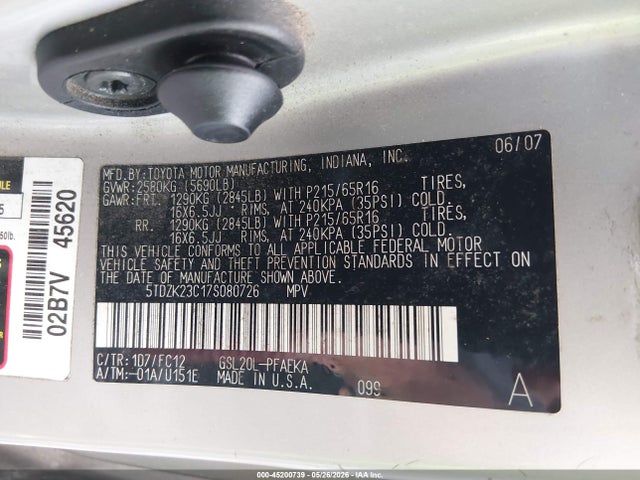 Продажа на аукционе авто 2007 Toyota Sienna Le, vin: 5TDZK23C17S080726, номер лота: 45200739