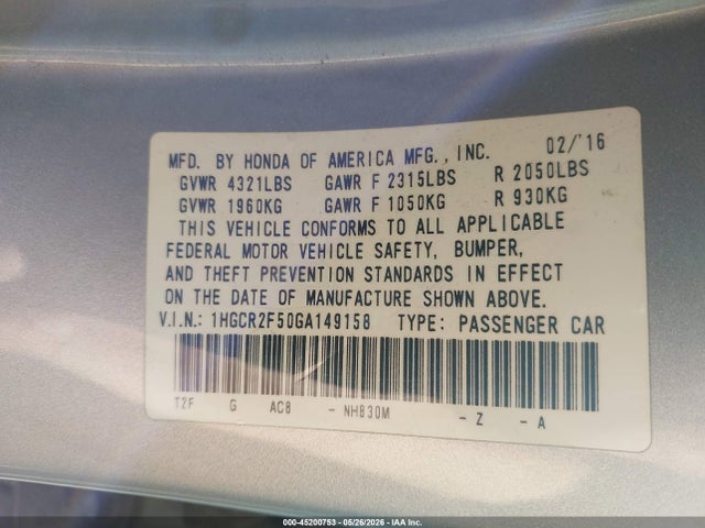 Aukcja sprzedaży 2016 Honda Accord Sport, vin: 1HGCR2F50GA149158, numer aukcji: 45200753