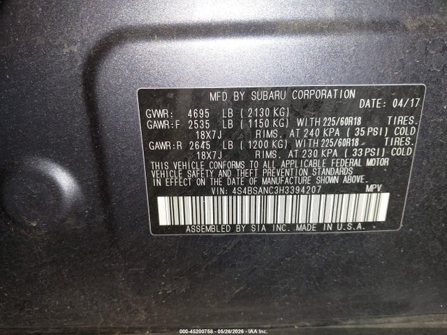 Subaru Outback 2.5i Limited 2017 4S4BSANC3H3394207 Image 9