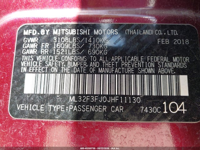 ML32F3FJ0JHF11130 Mitsubishi Mirage G4 Es