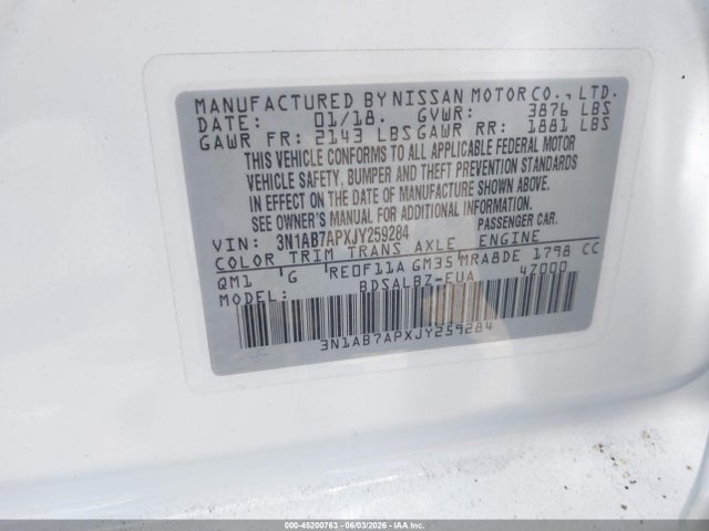 Aukcja sprzedaży 2018 Nissan Sentra S, vin: 3N1AB7APXJY259284, numer aukcji: 45200763