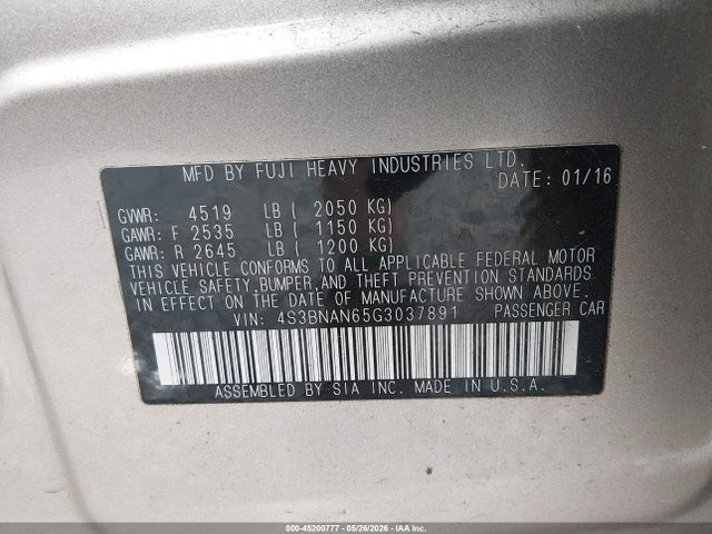 2016 Subaru Legacy 2.5i Limited მანქანა იყიდება აუქციონზე, vin: 4S3BNAN65G3037891, აუქციონის ნომერი: 45200777