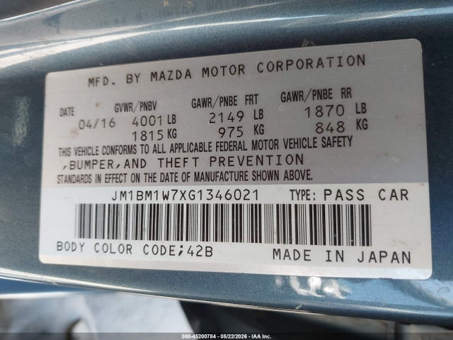 Продажа на аукционе авто 2016 Mazda Mazda3 I Touring, vin: JM1BM1W7XG1346021, номер лота: 45200784