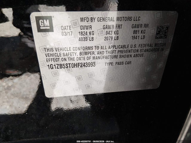 45200791 :رقم المزاد ، 1G1ZB5ST0HF243993 vin ، 2017 Chevrolet Malibu Ls مزاد بيع