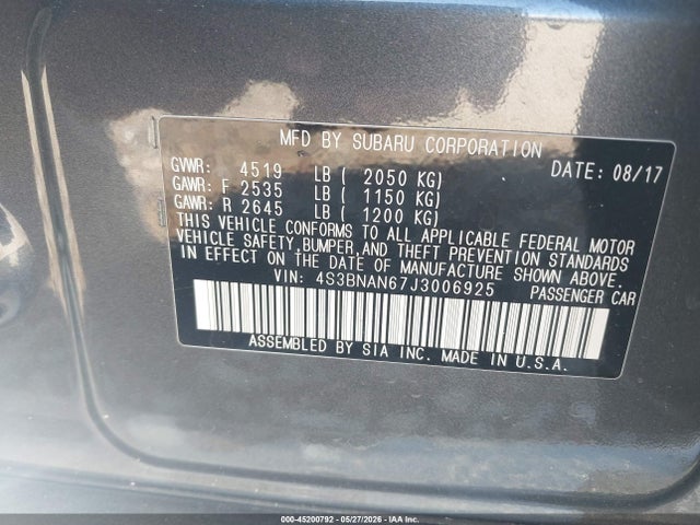 Aukcja sprzedaży 2018 Subaru Legacy 2.5i Limited, vin: 4S3BNAN67J3006925, numer aukcji: 45200792