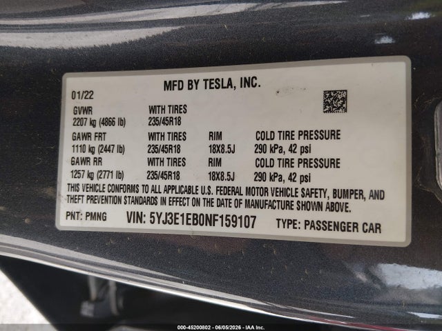 Aukcja sprzedaży 2022 Tesla Model 3 Long Range Dual Motor All-wheel Drive, vin: 5YJ3E1EB0NF159107, numer aukcji: 45200802
