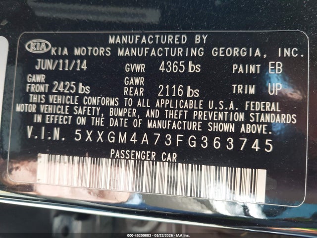 Auction sale of the 2015 Kia Optima Lx, vin: 5XXGM4A73FG363745, lot number: 45200803